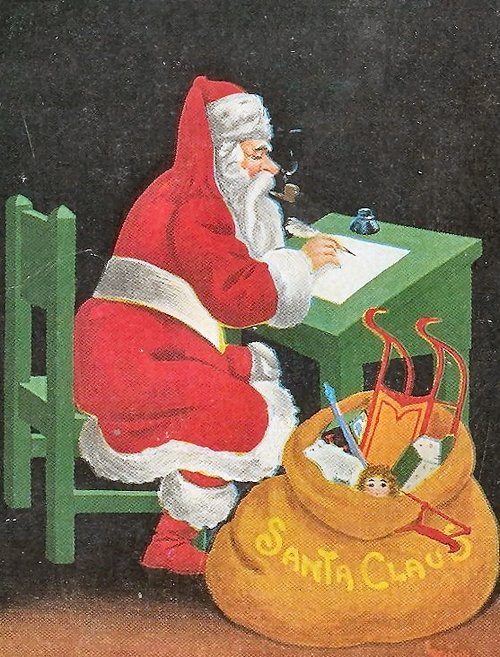 Vintage Santa Writing List Christmas Greeting Card, Early 1900s