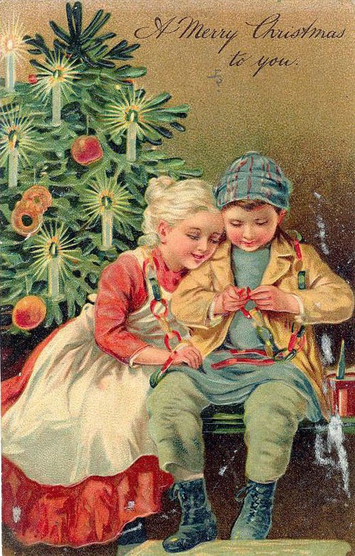 Victorian Christmas Card Children Candle Tree Gold