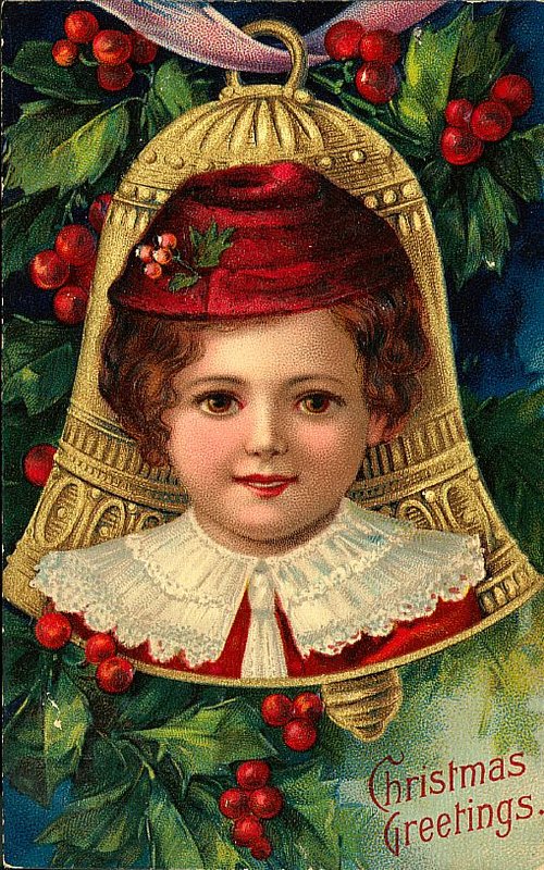 Victorian Christmas Greeting Card Child in Gold Bell