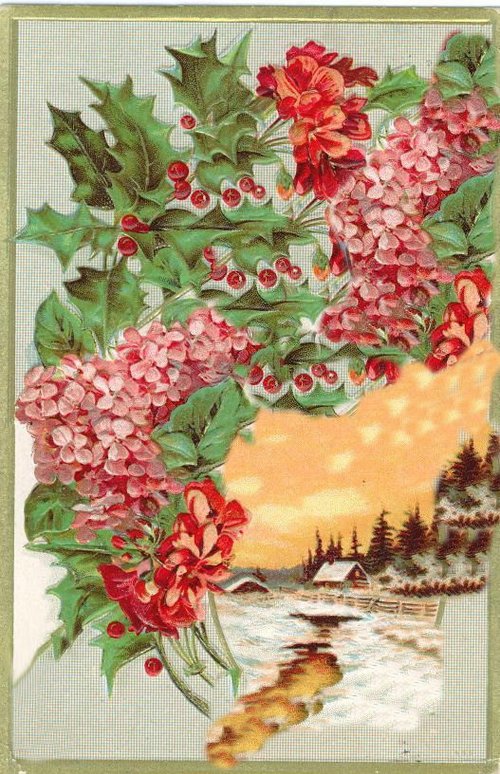 Victorian Red Flowers Winter Landscape Greeting Card