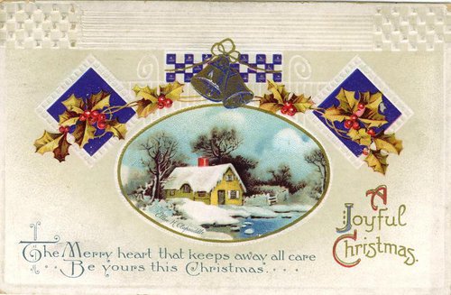 Victorian Christmas Card with Snowy Cottage Scene & Holly