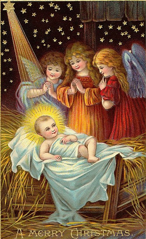 Victorian Christmas Card with Angels and Baby Jesus Nativity Scene