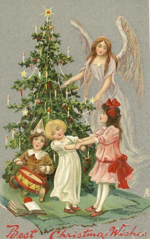 Victorian Christmas Angel with Children & Tree Greeting Card