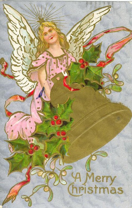 Victorian Angel Christmas Card with Holly & Gold Bells