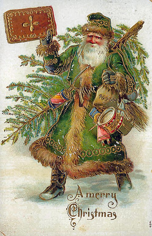 Victorian Santa Claus Christmas Greeting Card with Evergreen