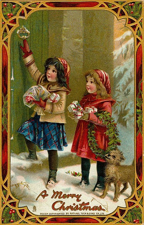 Victorian Christmas Card Girls Snow Scene Raphael Tuck