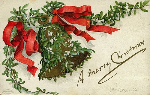 Victorian Mistletoe and Bell Christmas Card with Red Ribbons