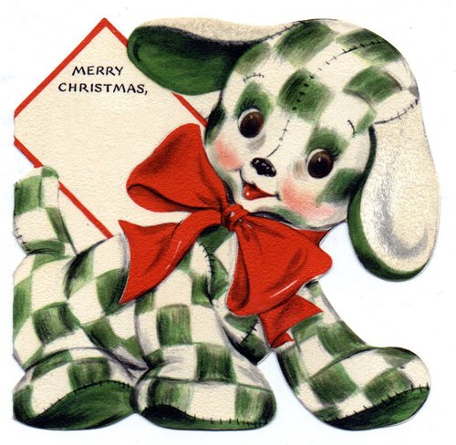 Vintage Christmas Puppy with Plaid & Red Bow Die-Cut Card