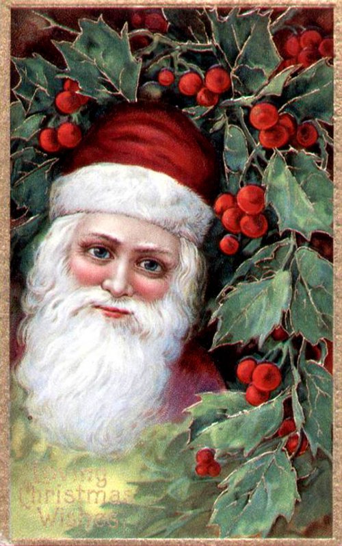 Victorian Christmas Santa Holly Berries Greeting Card