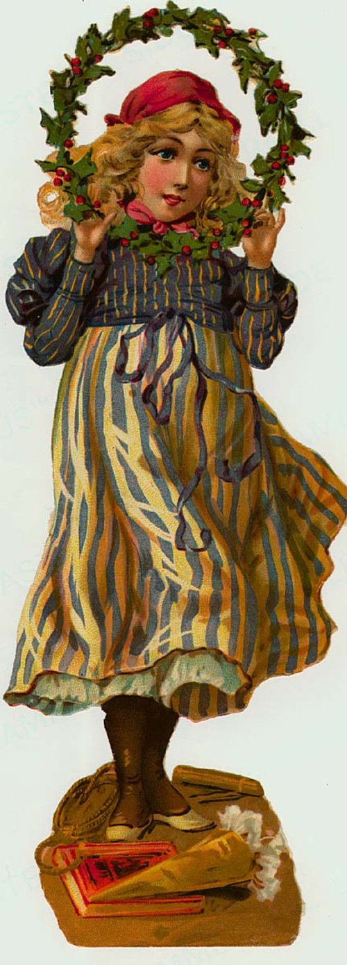 Victorian Die-Cut Christmas Card Girl with Holly Wreath