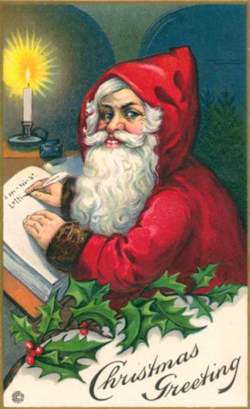 Victorian Santa Christmas Greeting Card with Candle & Holly
