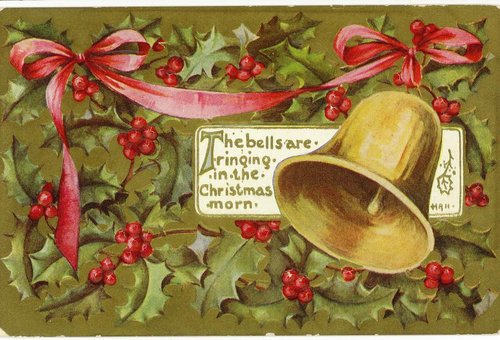 Victorian Christmas Bell Greeting Card with Holly & Red Ribbon