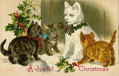 Victorian Christmas Greeting Card with Kittens and White Cat