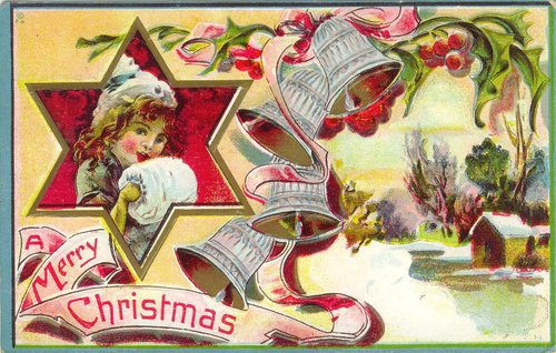 Victorian Christmas Greeting Card with Girl & Bells