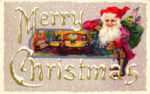 Vintage Merry Christmas Santa Card with Interior Scene, Early 1900s