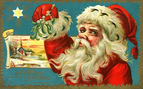Victorian Christmas Santa Claus Greeting Card with Mistletoe
