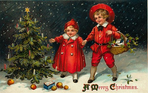 Victorian Christmas Children in Red Coats with Tree - Antique Holiday Card