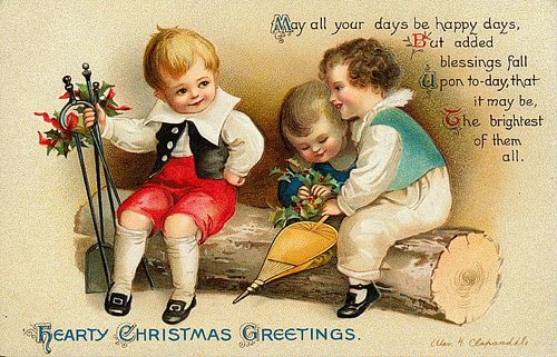 Victorian Christmas Greeting Card with Children & Flowers