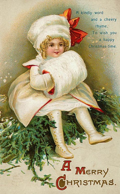 Victorian Christmas Child with Red Bow - Vintage Greeting Card