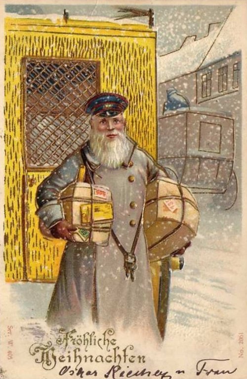 Vintage German Christmas Card: Bearded Postman Winter Scene