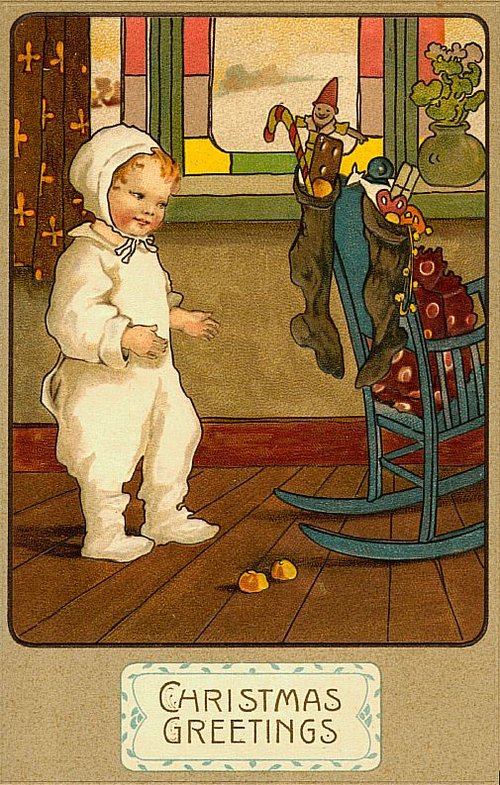 Vintage Christmas Greeting Card: Child with Toys & Elf
