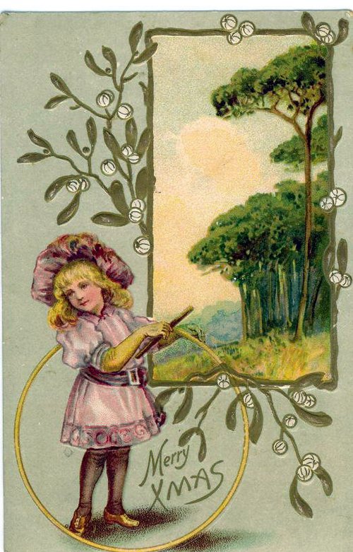 Victorian Merry Christmas Card with Girl and Mistletoe Design