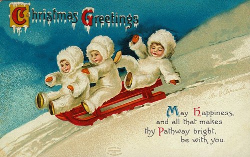 Vintage Christmas Greeting Card with Sledding Children, Early 1900s