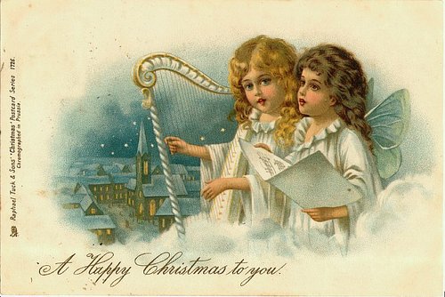 Victorian Christmas Angels with Harp Vintage Greeting Card