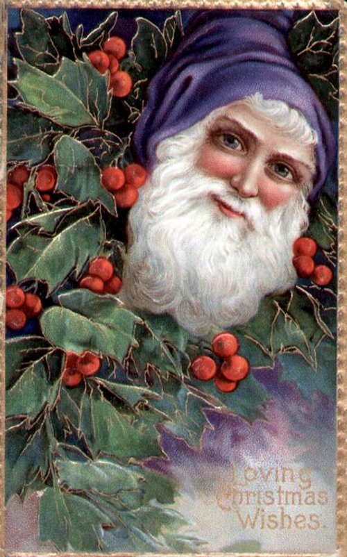 Victorian Santa Claus Holly Berry Christmas Wishes Greeting Card