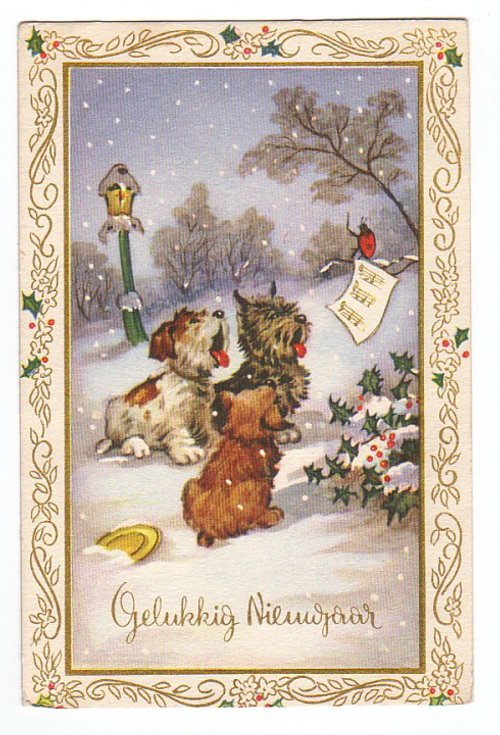 Vintage Dutch New Year Card with Dogs & Snow Scene