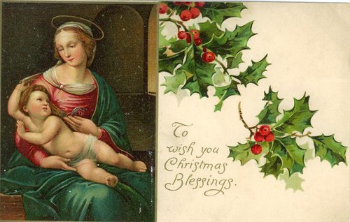 Victorian Christmas Blessing Card with Madonna and Child, Holly Berries