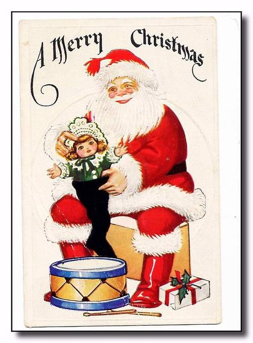 Vintage Santa with Doll Christmas Card, Early 1900s