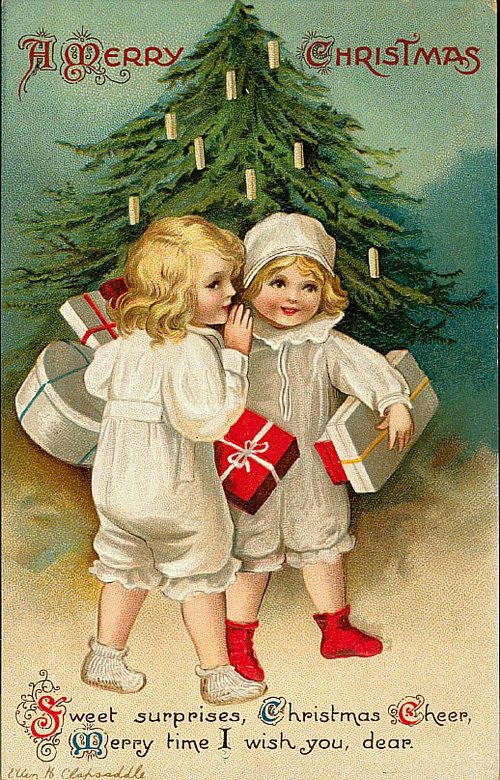 Edwardian Christmas Greeting Card with Children & Candle Tree