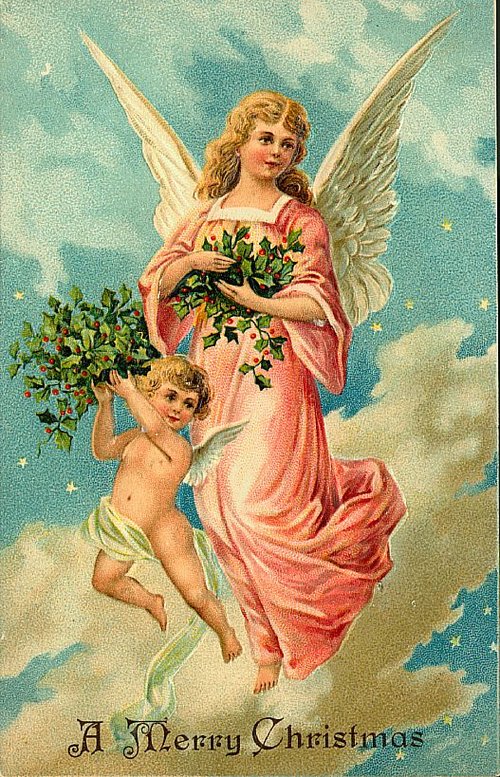 Victorian Christmas Angel with Cherub & Holly – Vintage Greeting Card