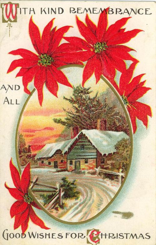 Victorian Christmas Card Red Poinsettia Cottage Landscape