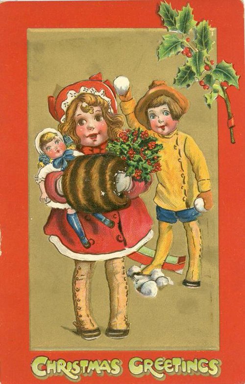 Victorian Christmas Greeting Card with Children & Holly, Circa 1880s