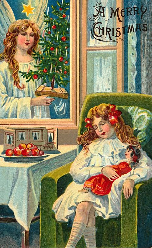 Victorian Christmas Greeting Card with Angels and Child