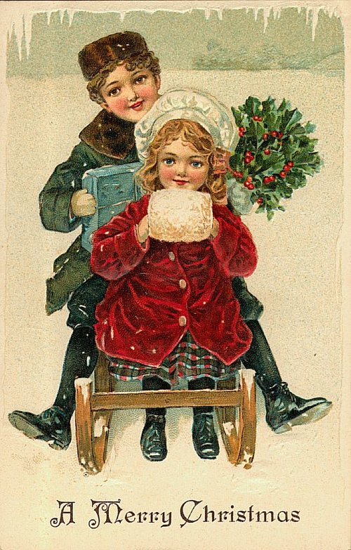 Victorian Christmas Card Children Sledding Holly Wreath