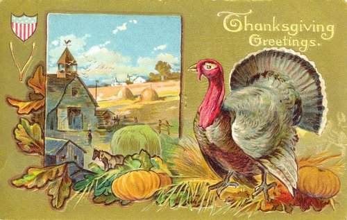Vintage Thanksgiving Greetings Card with Turkey & Farm Scene