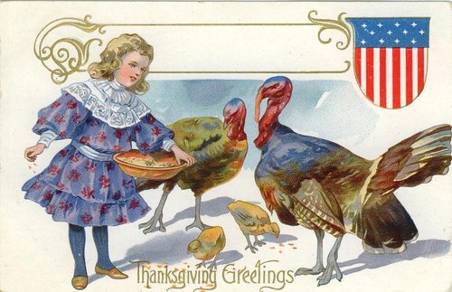 Vintage Thanksgiving Greeting Card with Turkeys & Girl, Edwardian Era