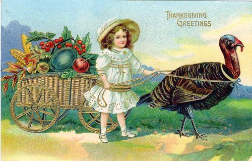 Victorian Thanksgiving Greetings Card with Girl and Turkey