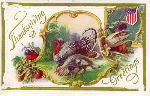 Victorian Thanksgiving Greetings Card with Turkey & Harvest Produce