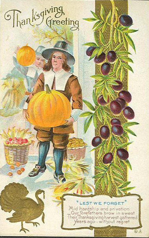 Vintage Thanksgiving Greeting Card with Pilgrim & Harvest
