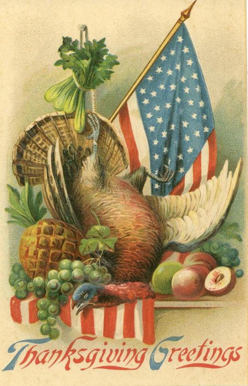 Vintage Thanksgiving Greetings Card with American Flag & Harvest