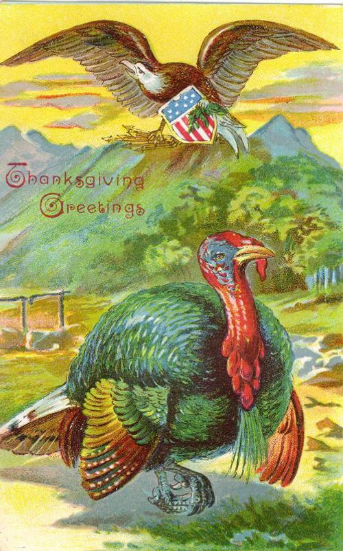 Vintage Thanksgiving Greeting Card with Eagle & Turkey, Early 1900s