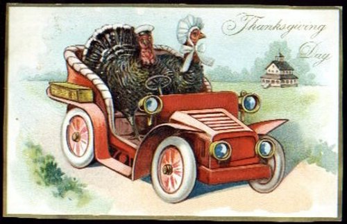 Vintage Thanksgiving Day Card with Turkeys Driving Red Automobile