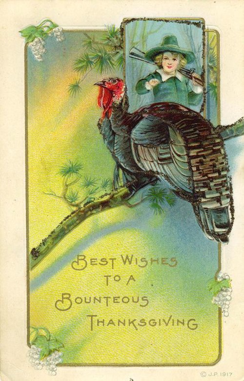 Vintage 1917 Thanksgiving Greeting Card with Boy and Turkey