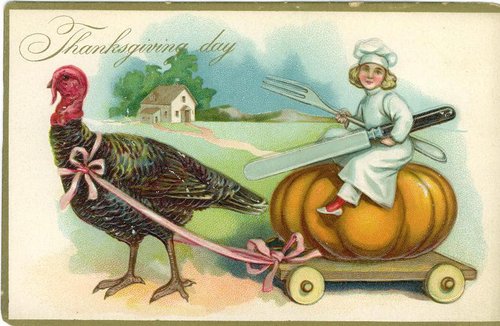 Victorian Thanksgiving Day Card with Turkey & Giant Pumpkin