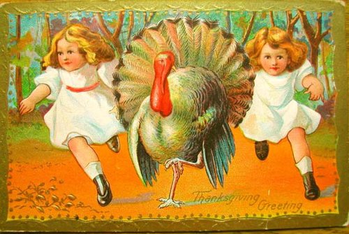 Vintage Thanksgiving Greeting Card with Children and Turkey
