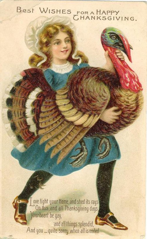 Victorian Thanksgiving Girl with Turkey - Chromolithograph Greeting Card